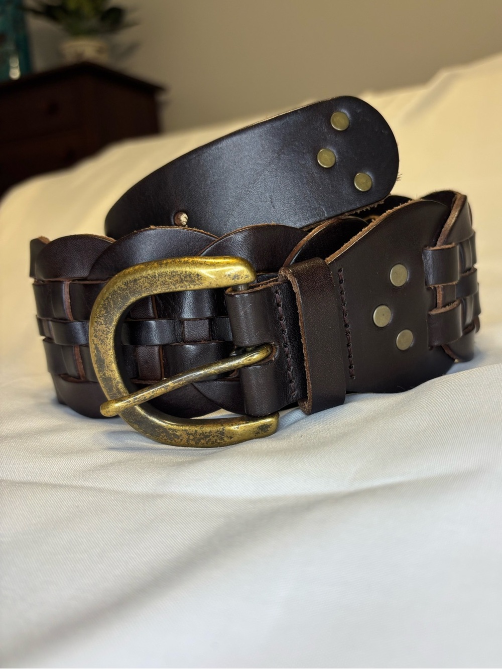 Dark Brown Woven Leather Belt Women’s Size Small Antique Brass Buckle Wide Belt